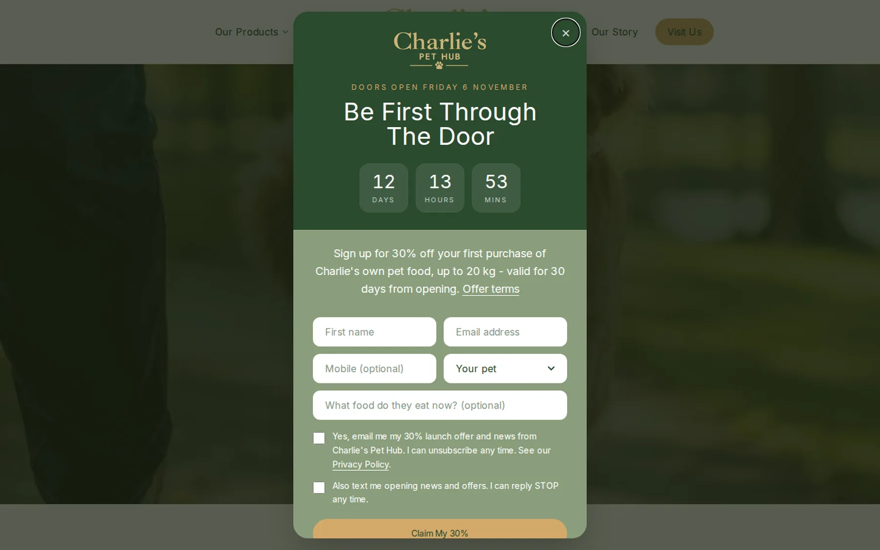 Launch sign-up form with an opening-day countdown