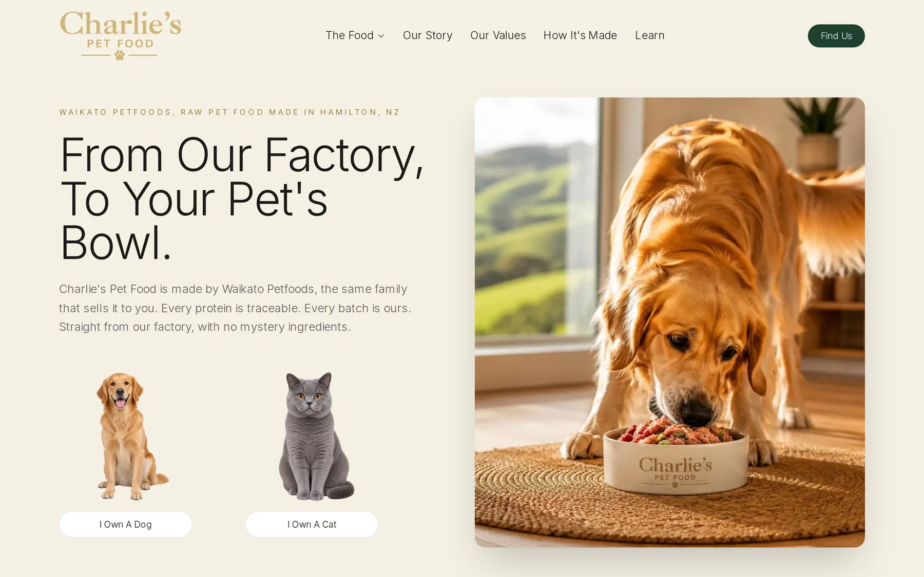 Charlie's Pet Food website home page
